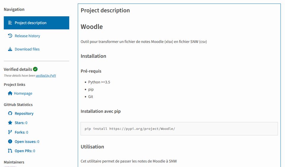 Capture de la page PyPi du projet.
